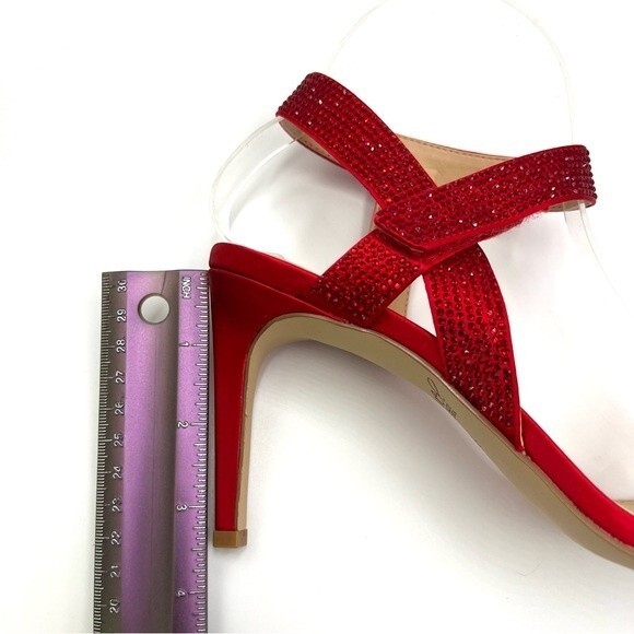Jewel Badgley Mischka Size 7.5 Edwina Sparkly Rhinestone Red Sandals Heels Shoes - Picture 13 of 14